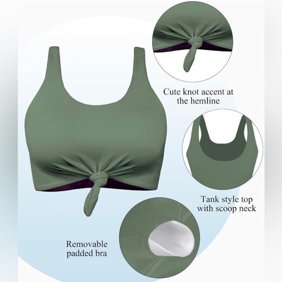 Olive Green Tie-Knot Front Crop Tankini Top - Picture 8 of 8